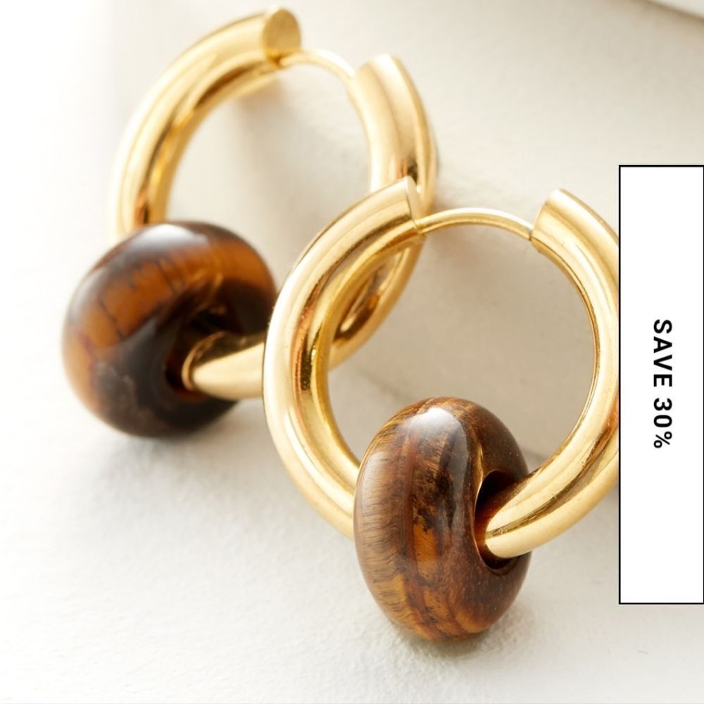SOFT SURROUNDINGS Onion Hoop earrings tiger's eye gold plated | NWOT - Picture 3 of 8